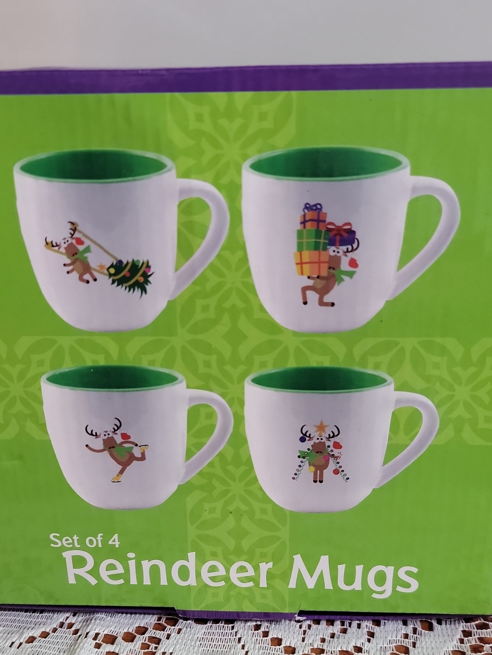 Reindeer Mugs Set of 4 - White with Green Interior